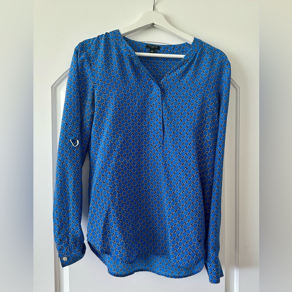 Ann Taylor Blue Silk Chain Print Blouse